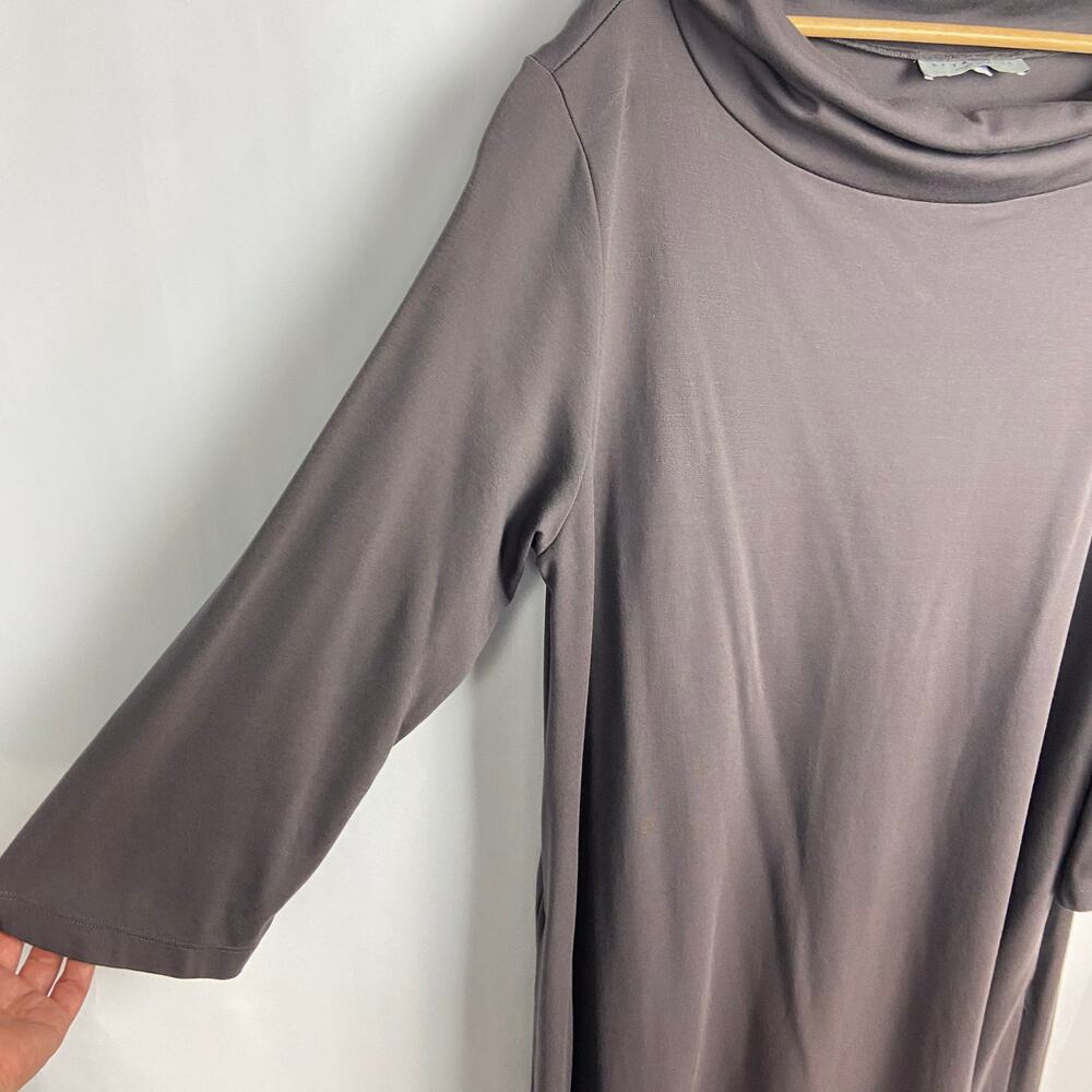 Elegant Taupe Long-Sleeve Midi Dress with Cowl Neck - Picture 10 of 12